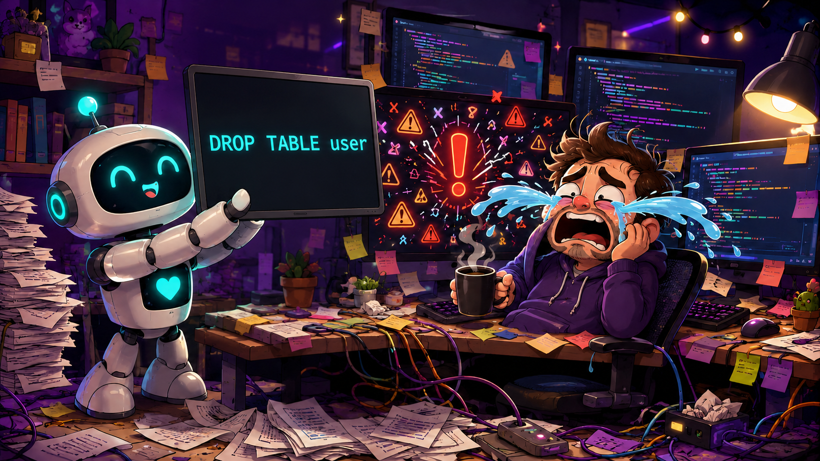 A cheerful robot proudly shows a crying developer a screen that reads DROP TABLE user, while error icons explode across the monitors behind them.